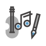 Guitar, musical note and brush icon Guitar, musical note and brush icon
